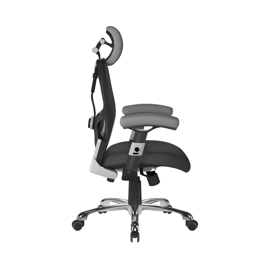 Grey and black ergonomic office chair with mesh back on a white background