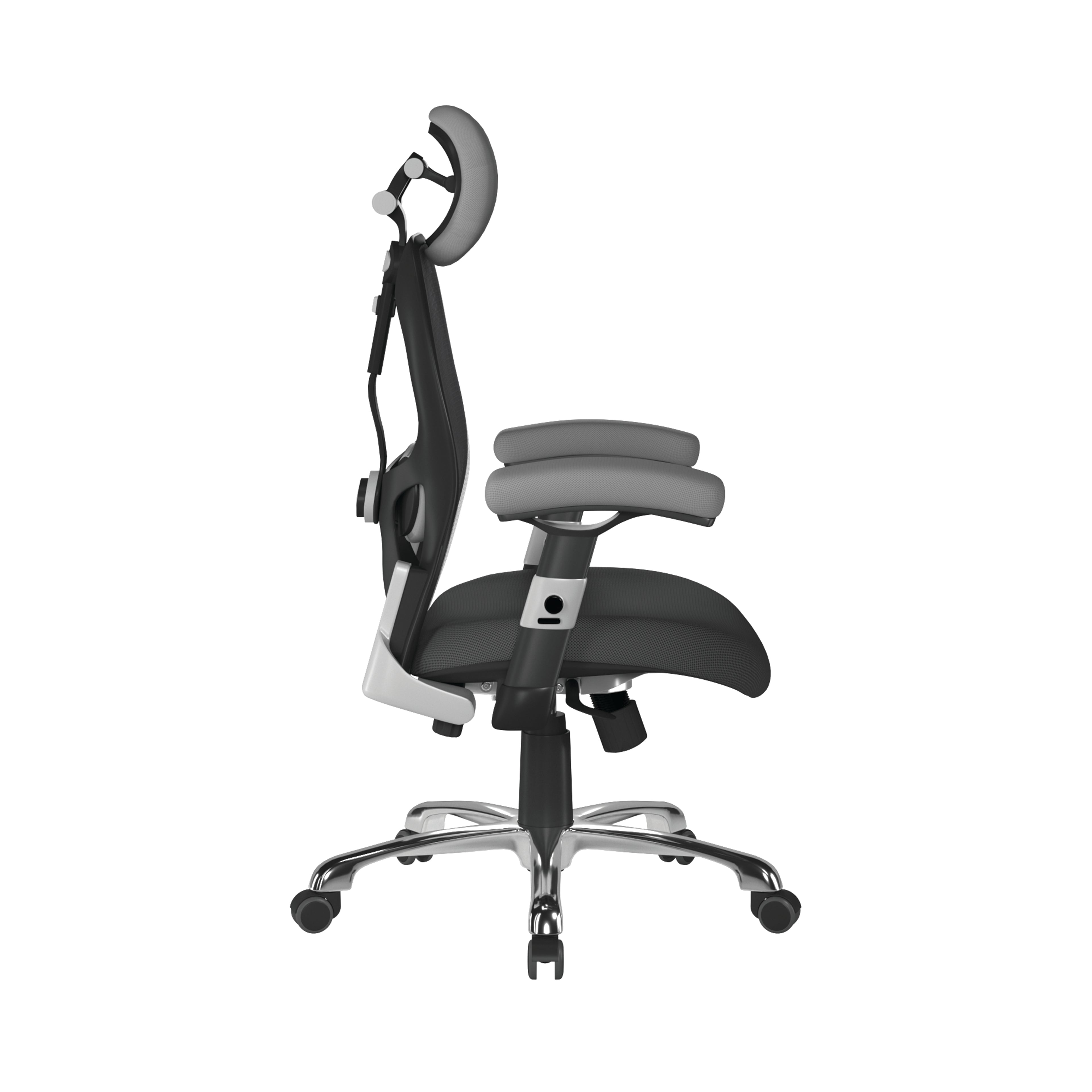 Grey and black ergonomic office chair with mesh back on a white background