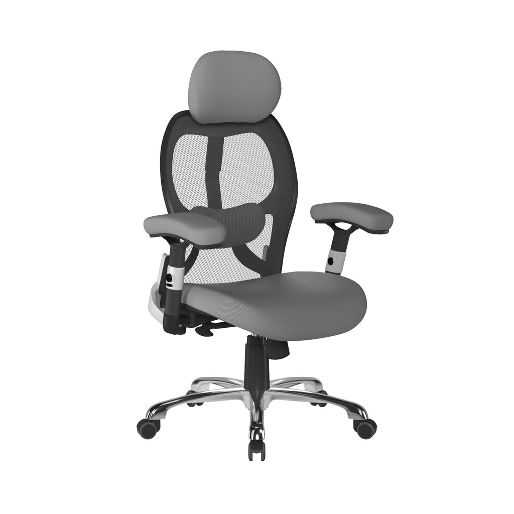 Grey and black ergonomic office chair with mesh back on a white background