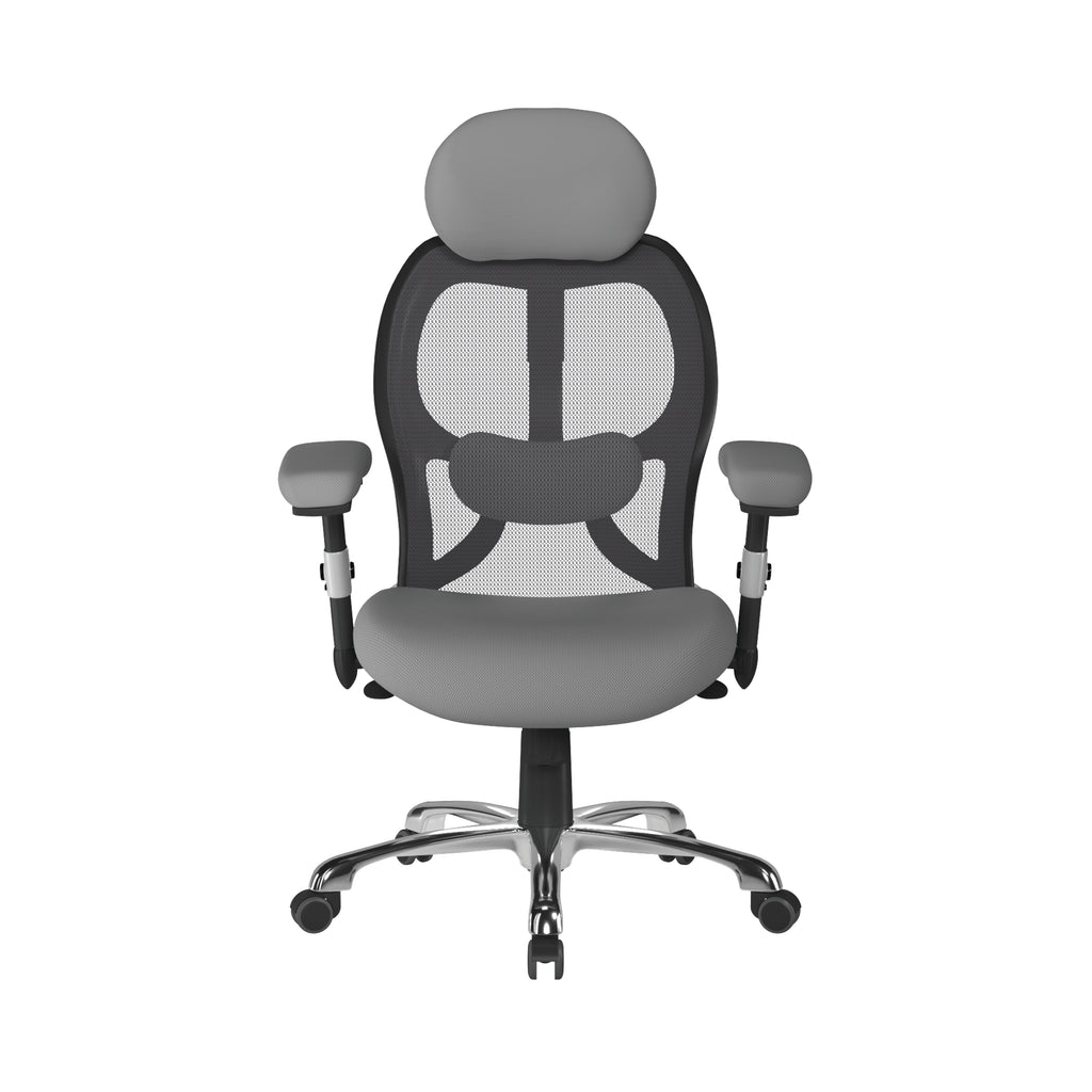 Grey and black ergonomic office chair with mesh back on a white background
