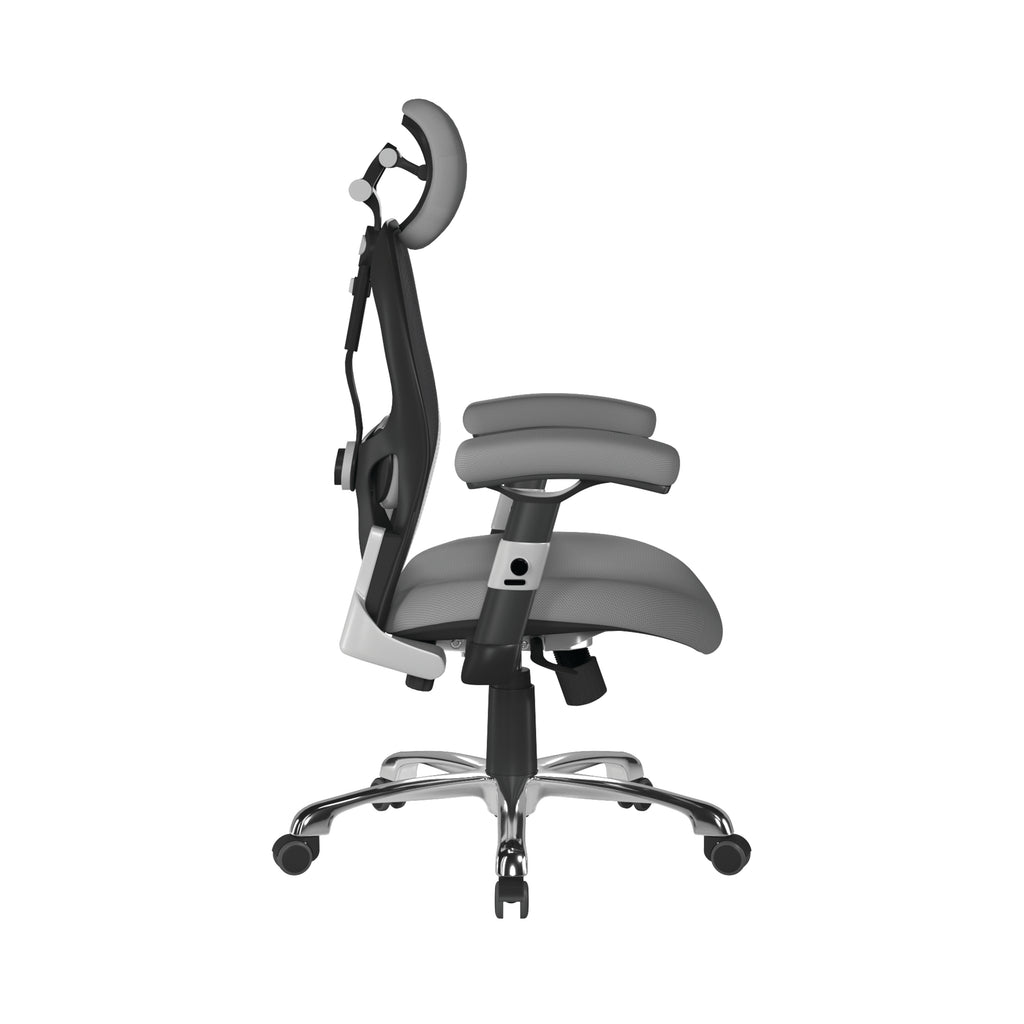 Grey and black ergonomic office chair with mesh back on a white background