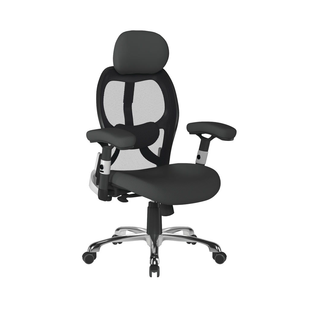 Black ergonomic office chair with mesh back on a white background