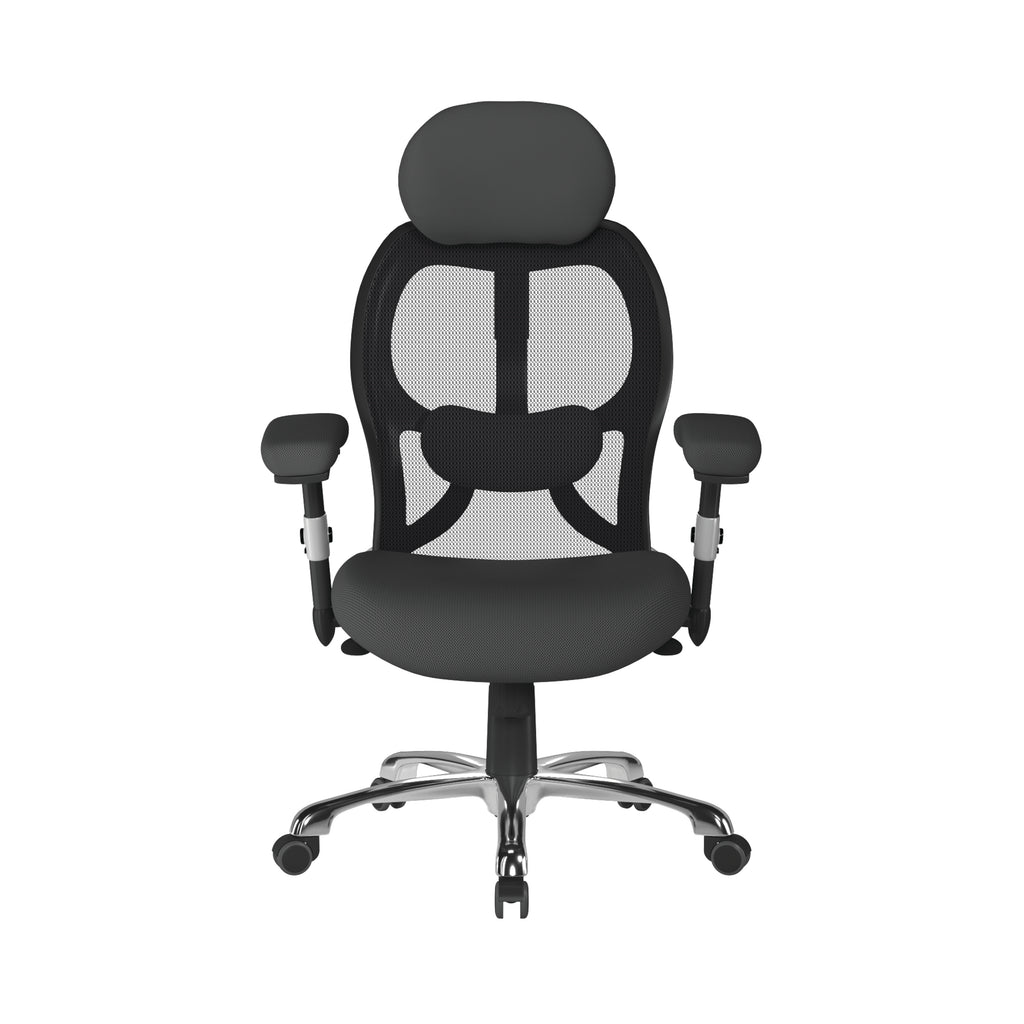 Black ergonomic office chair with mesh back on a white background