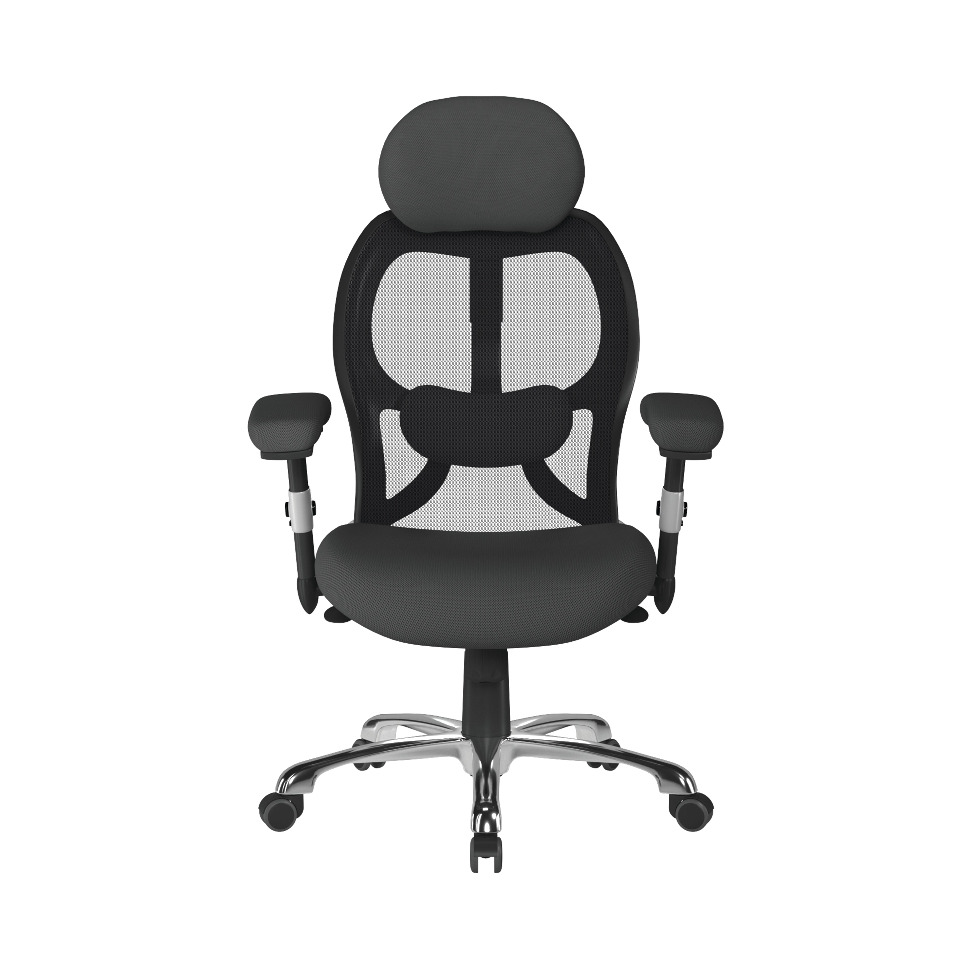 Black ergonomic office chair with mesh back on a white background