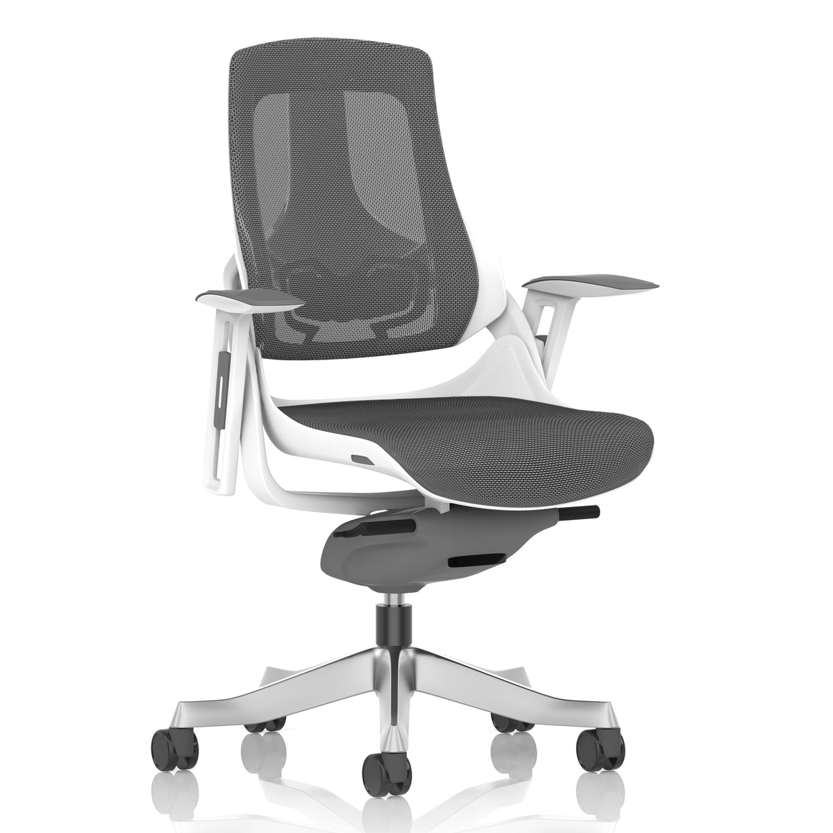 Ergonomic office chair with mesh back and adjustable armrests on a white background