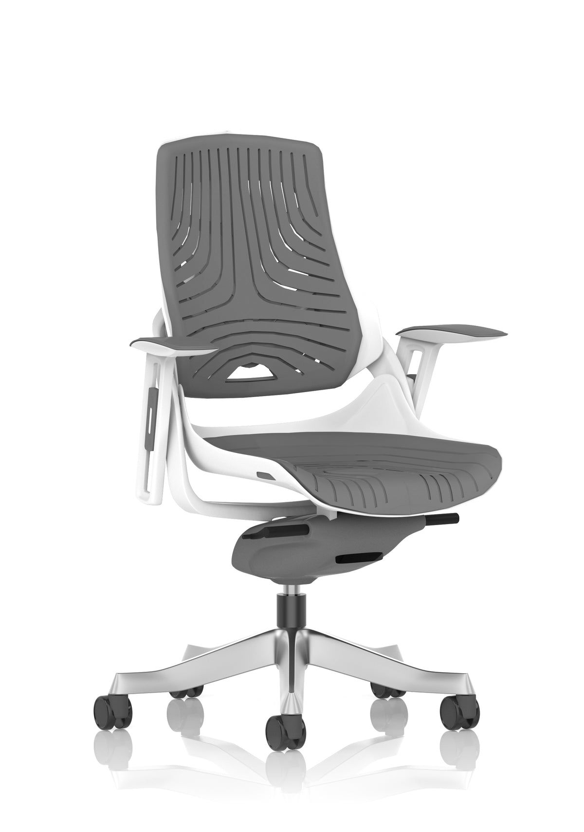 Grey office chair with white frame on a white background