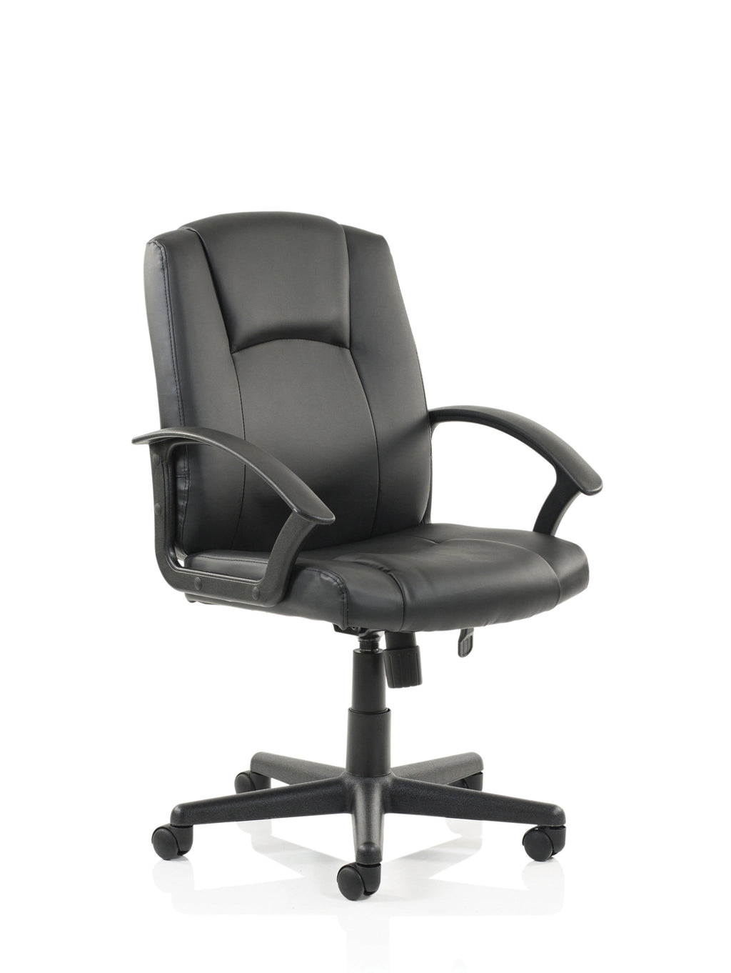 Black PU office chair with fixed arms on a white background