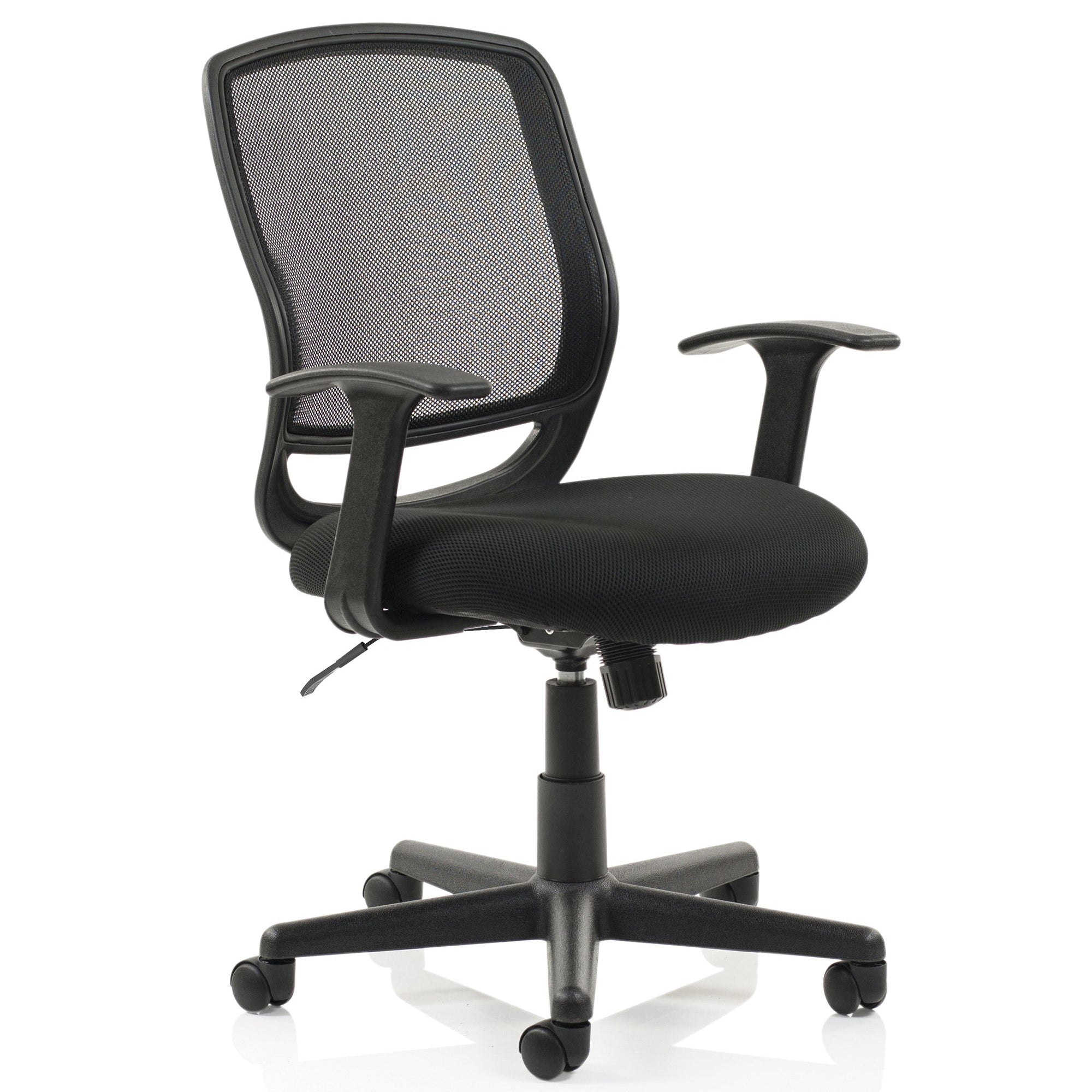 Black office chair with mesh back on a white background