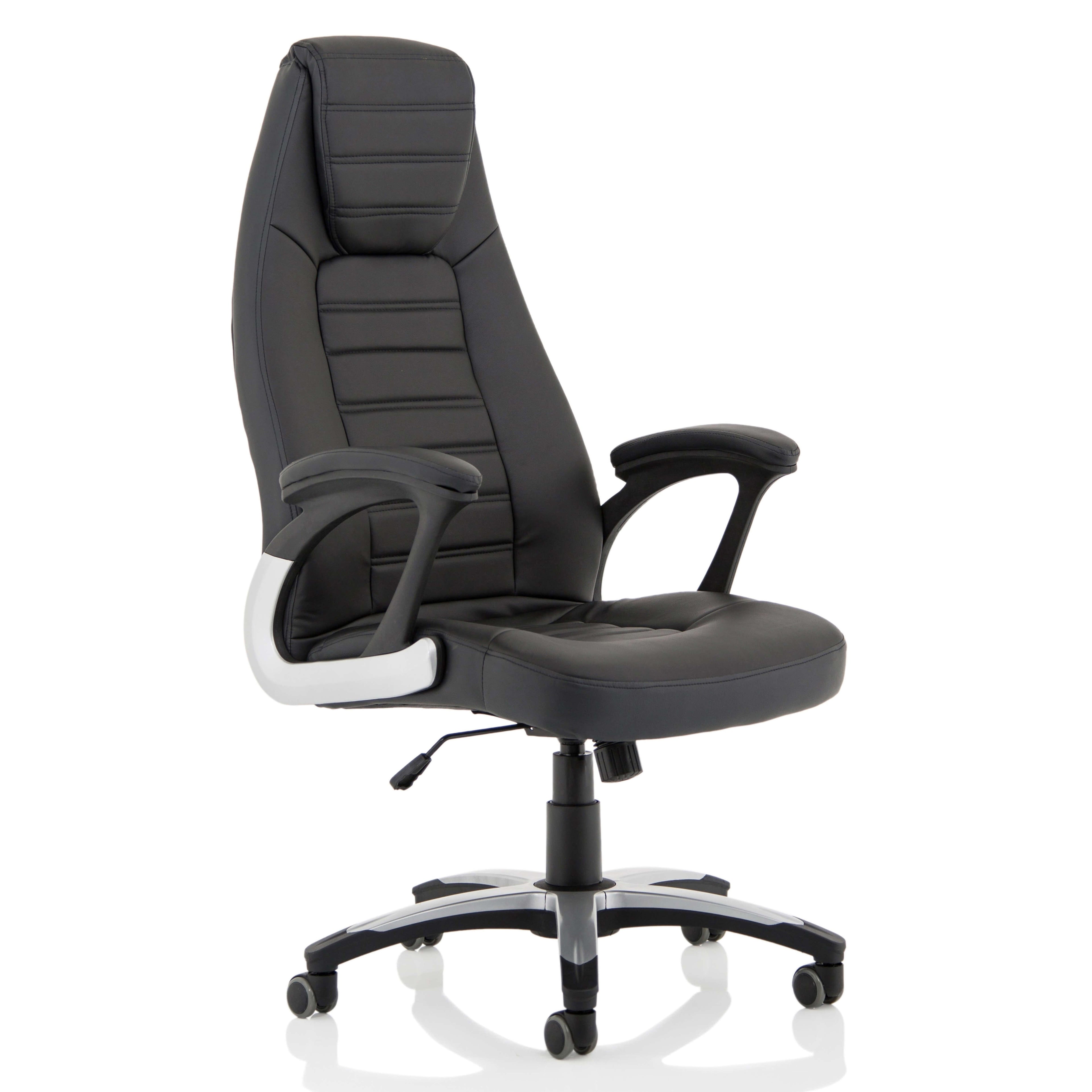 Black office chair with white accents on a white background
