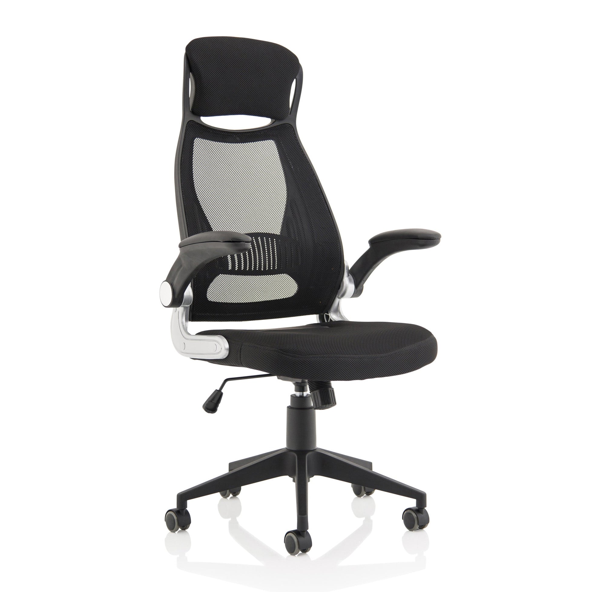 Black office chair with mesh back on a white background