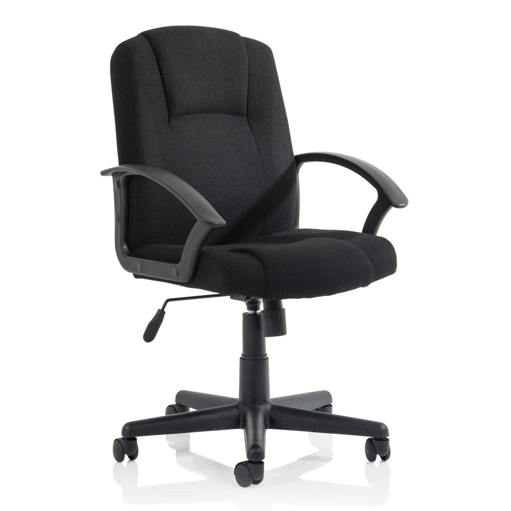 Black office chair with fixed arms on a white background