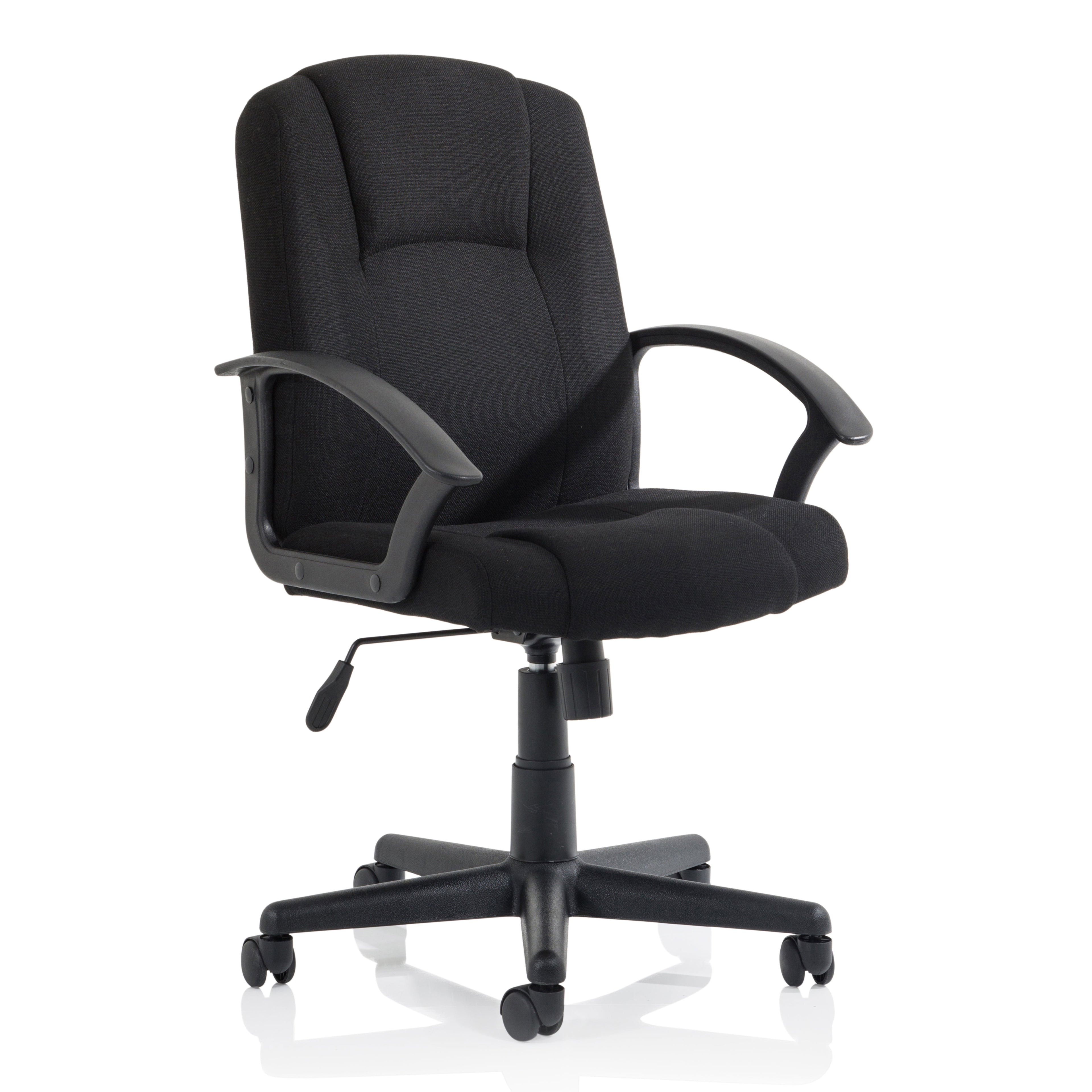 Black office chair with fixed arms on a white background