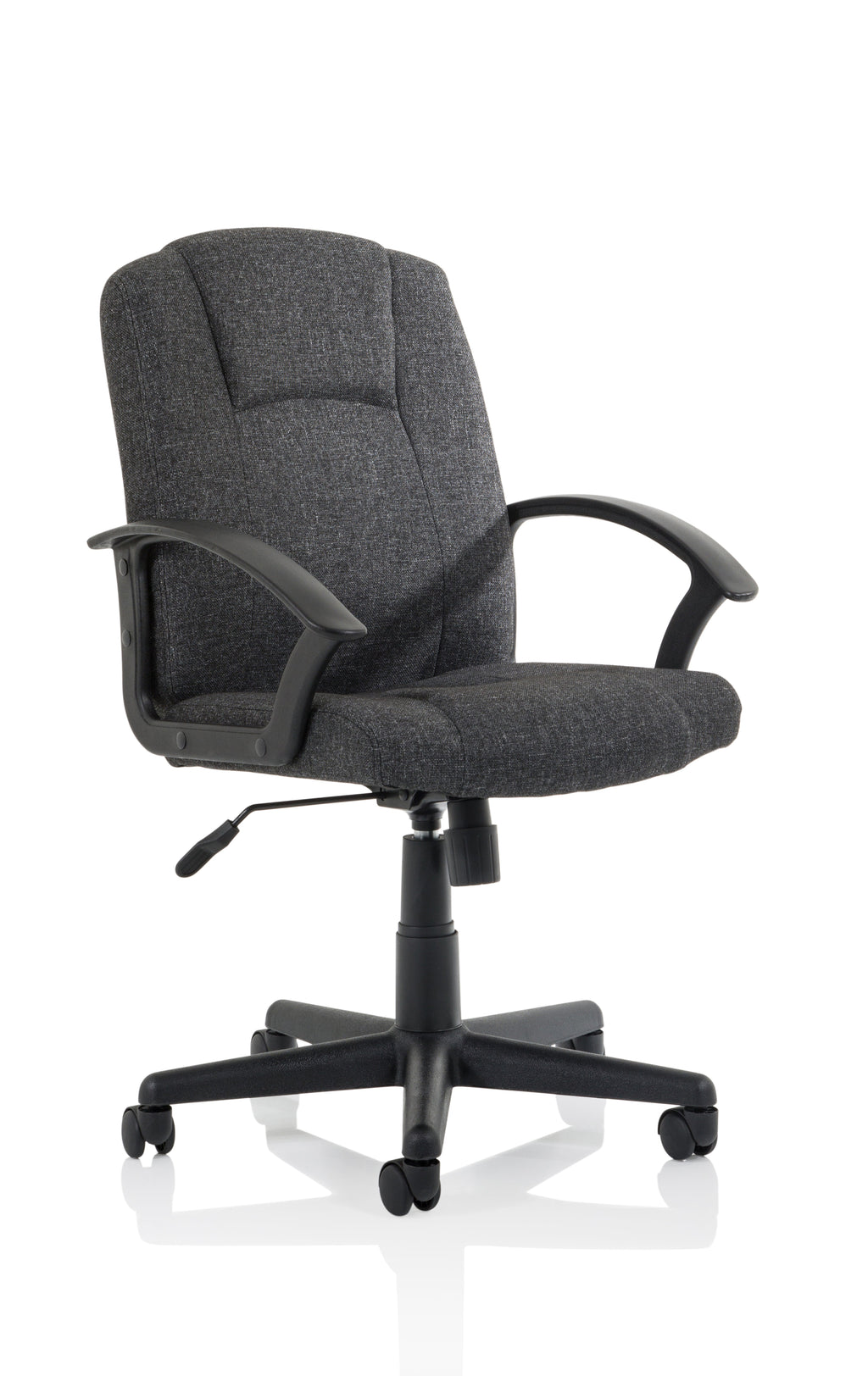 Gray office chair with fixed arms and black base on a white background