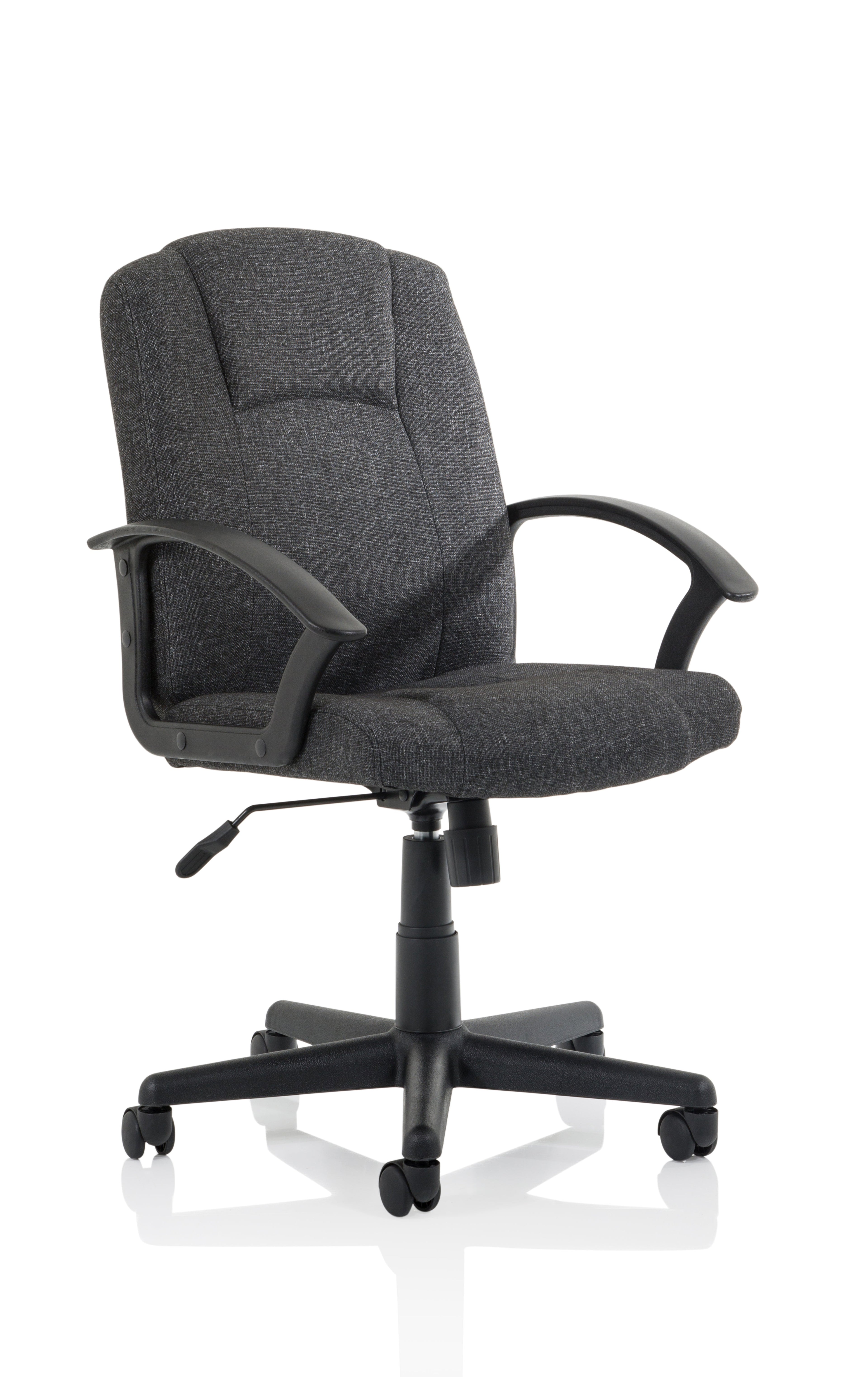 Gray office chair with fixed arms and black base on a white background