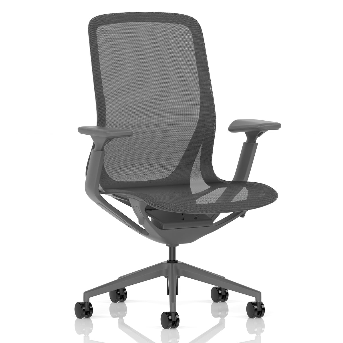 A modern grey mesh office chair with adjustable armrests and a five-wheel base, shown from a front-three-quarter angle on a white background.