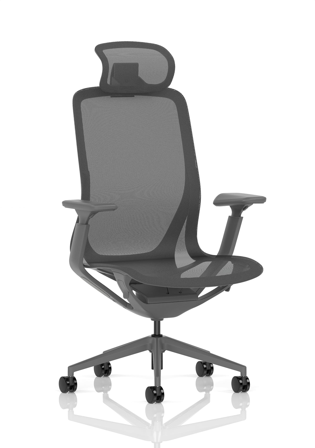 Grey mesh office chair with adjustable armrests, a headrest and a five-wheel base, shown from a front-three-quarter angle on a white background.