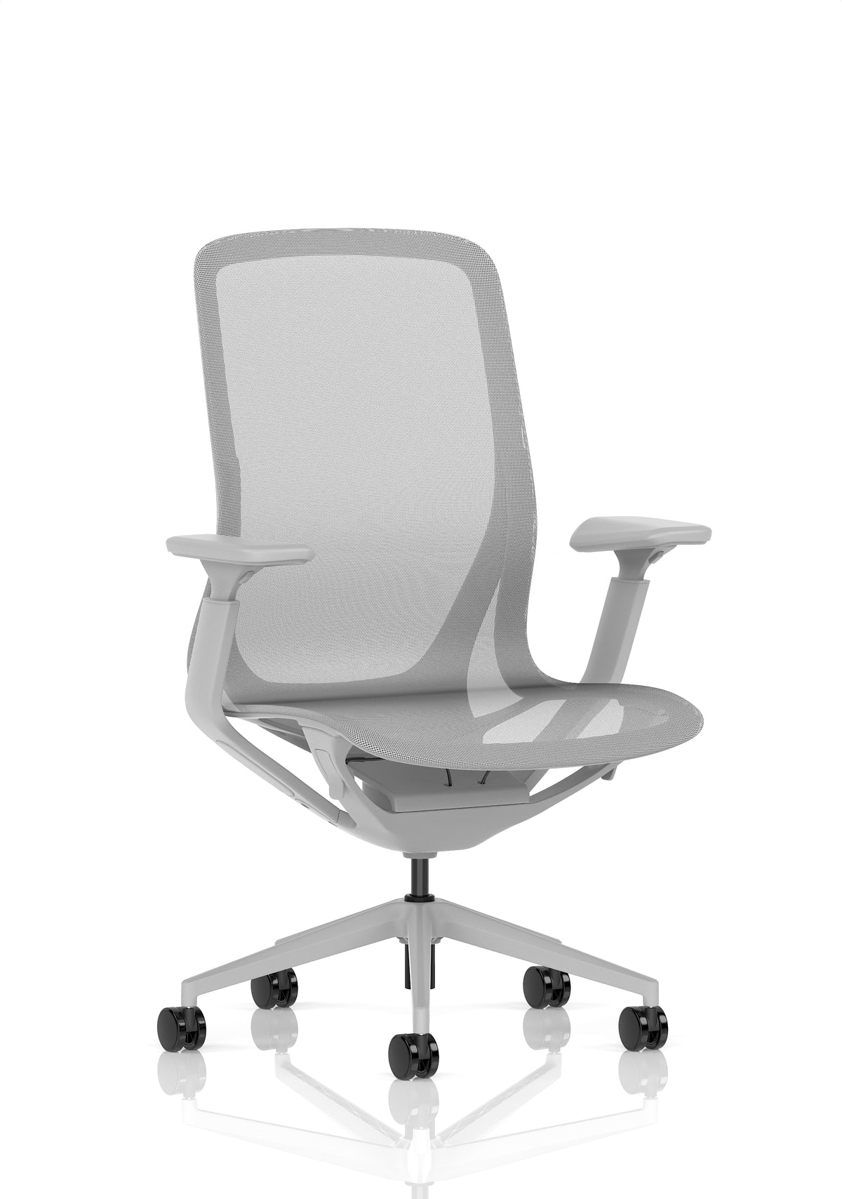 Light grey mesh office chair with adjustable armrests and a five-wheel base, shown from a front-three-quarter angle on a white background.