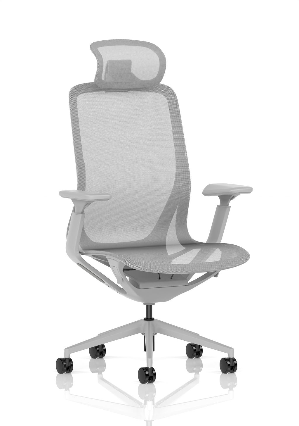 Light grey mesh office chair with adjustable armrests, a headrest and a five-wheel base, shown from a front-three-quarter angle on a white background.