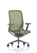 A modern green mesh office chair with adjustable armrests and a five-wheel base, shown from a front-three-quarter angle on a white background.