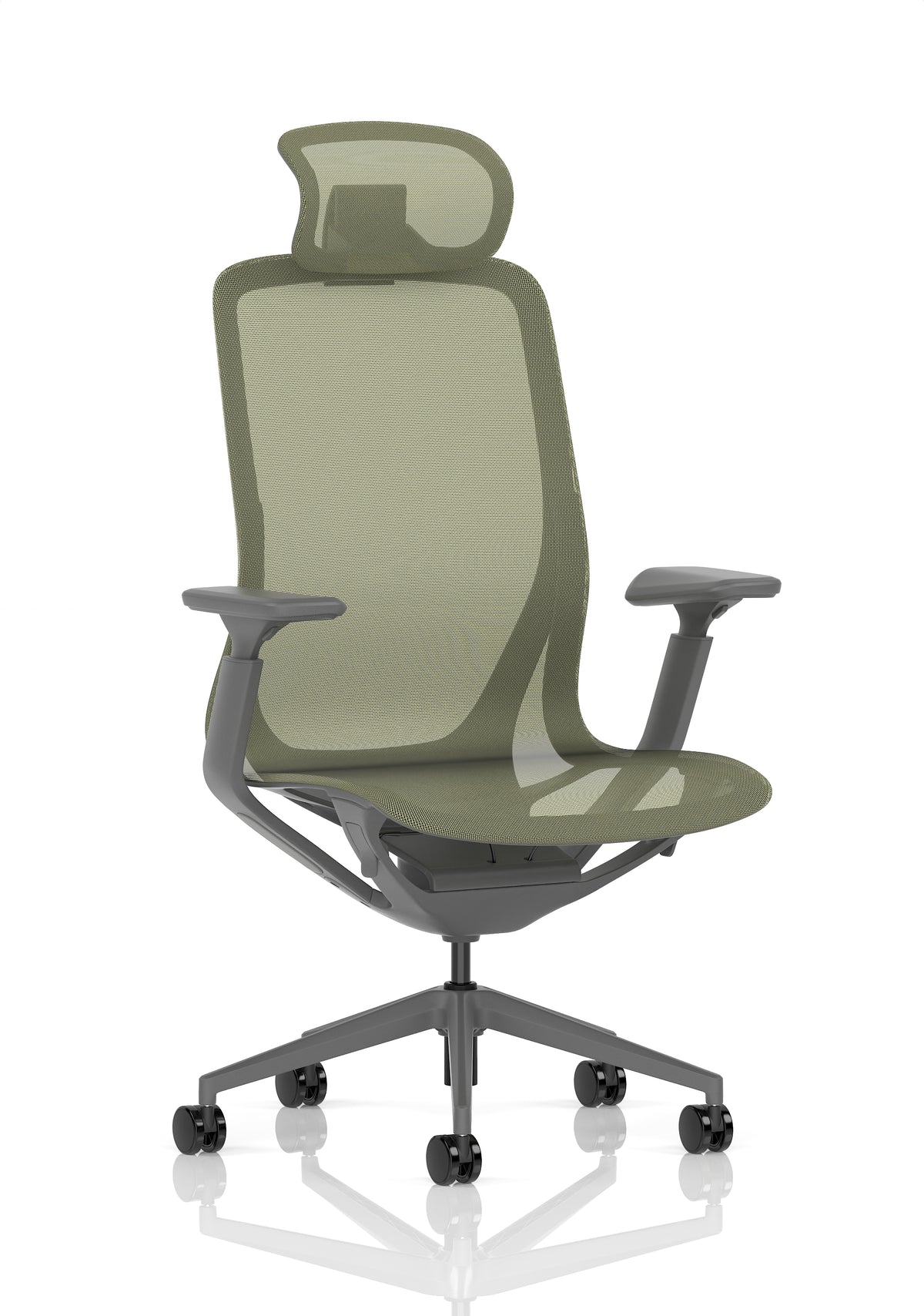 Green mesh office chair with adjustable armrests, a headrest and a five-wheel base, shown from a front-three-quarter angle on a white background.
