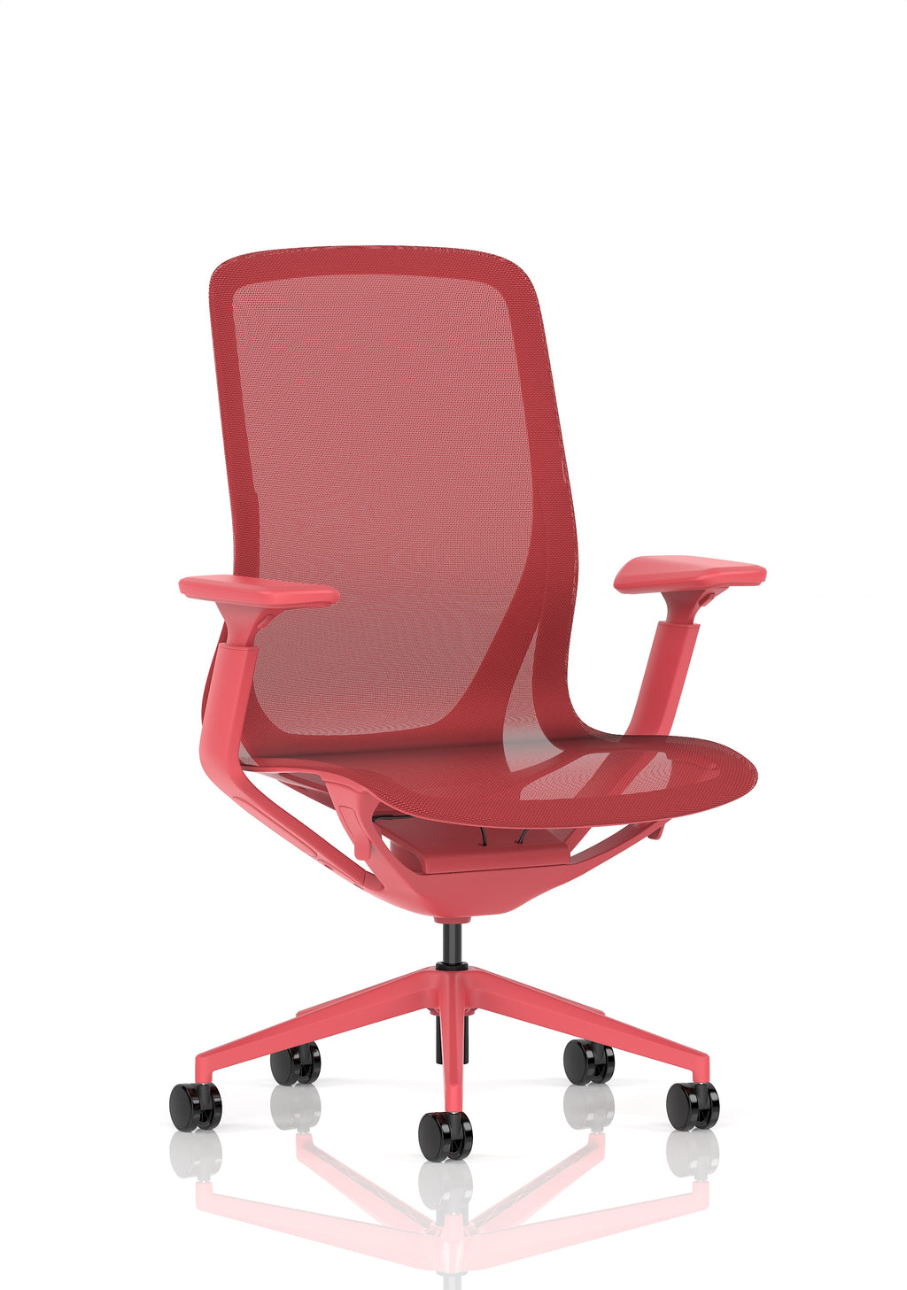 A modern red mesh office chair with adjustable armrests and a five-wheel base, shown from a front-three-quarter angle on a white background.