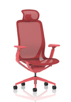 Red mesh office chair with adjustable armrests, a headrest and a five-wheel base, shown from a front-three-quarter angle on a white background.