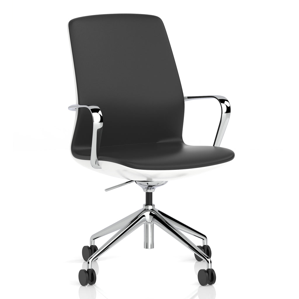 A modern black office chair with a high back, chrome armrests, and a five-star wheeled base, shown on a clean white background.