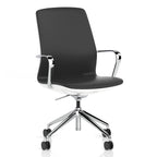A modern black office chair with a high back, chrome armrests, and a five-star wheeled base, shown on a clean white background.