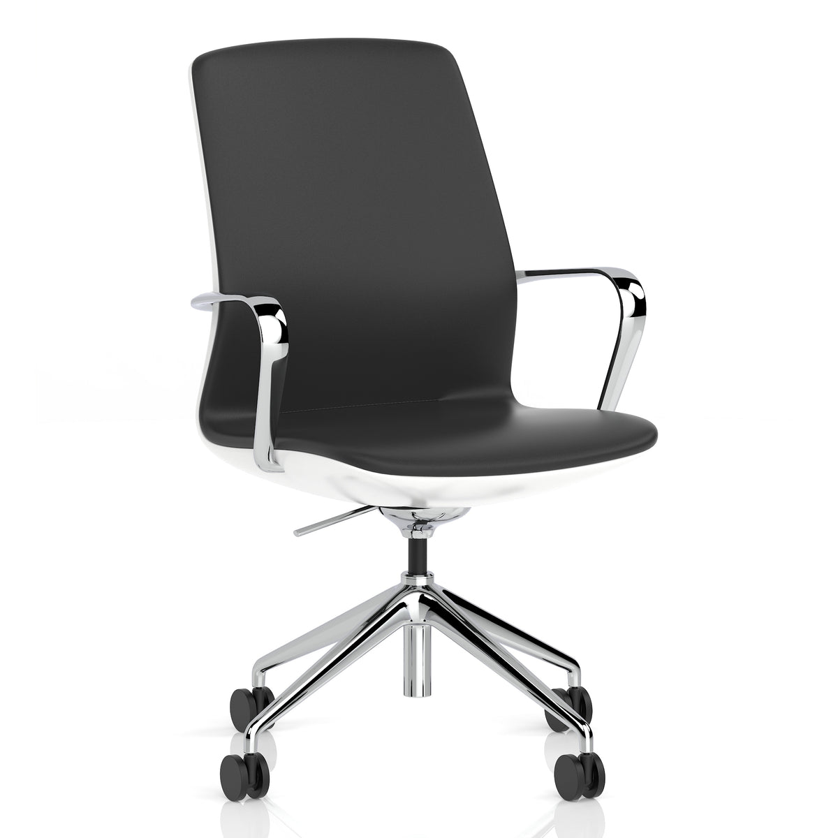 A modern black office chair with a high back, chrome armrests, and a five-star wheeled base, shown on a clean white background.