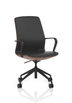 Black office chair with wooden shell under seat on a white background
