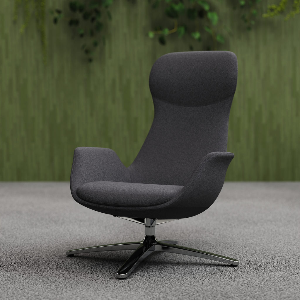 Modern high-back grey chair with metal frame shown in a room setting with green wall and plants in the background