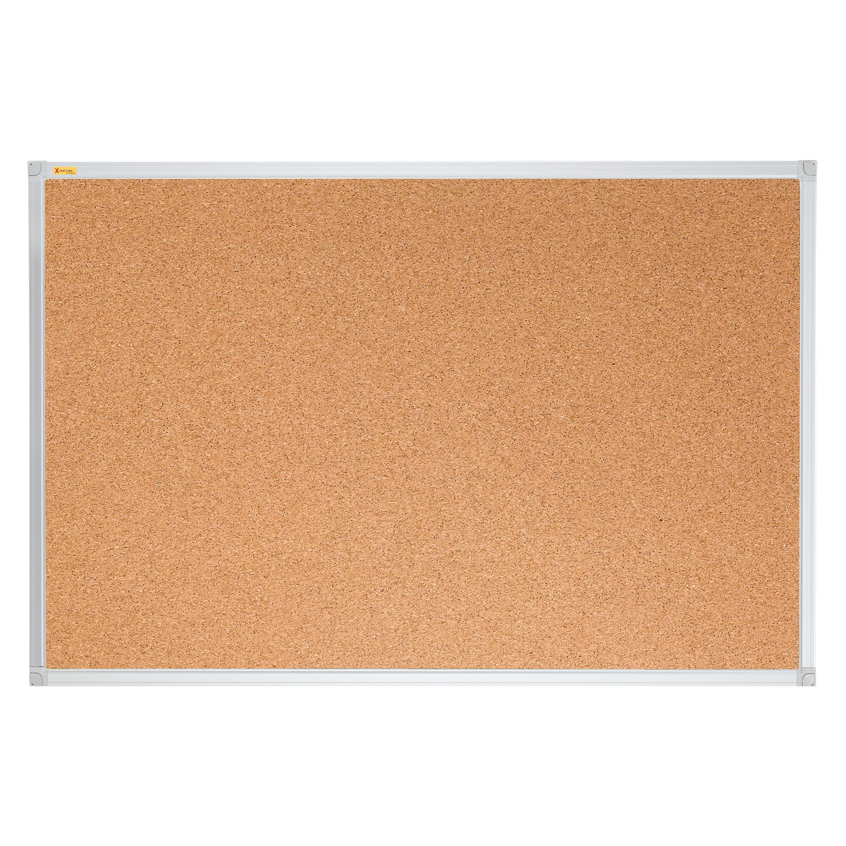 A rectangular cork bulletin board with a metal frame and corner fasteners, shown against a plain white background.