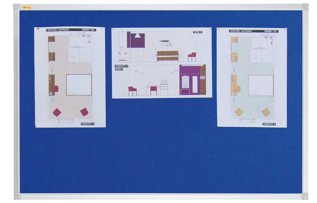 Blue notice board with white paper attached, used for displaying plans or notices.