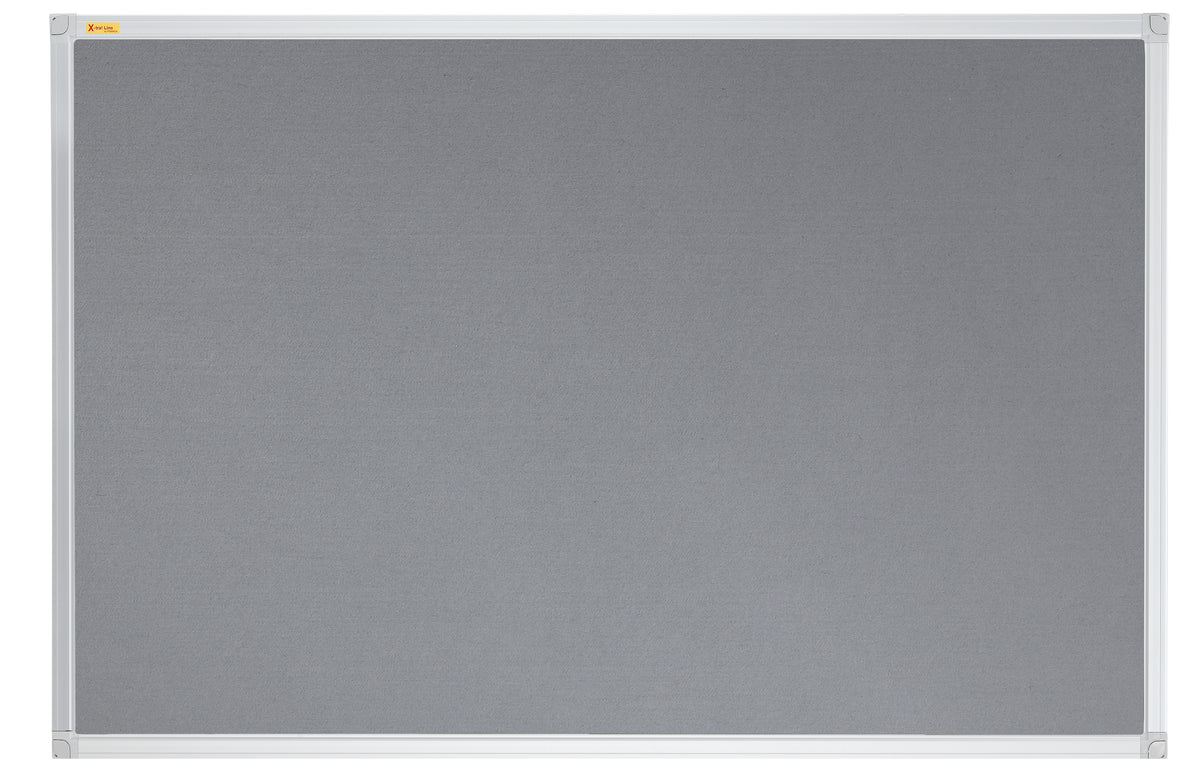 Grey bulletin board with a silver frame on a white background