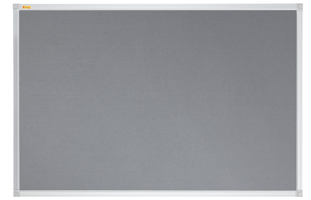 Grey bulletin board with a silver frame on a white background