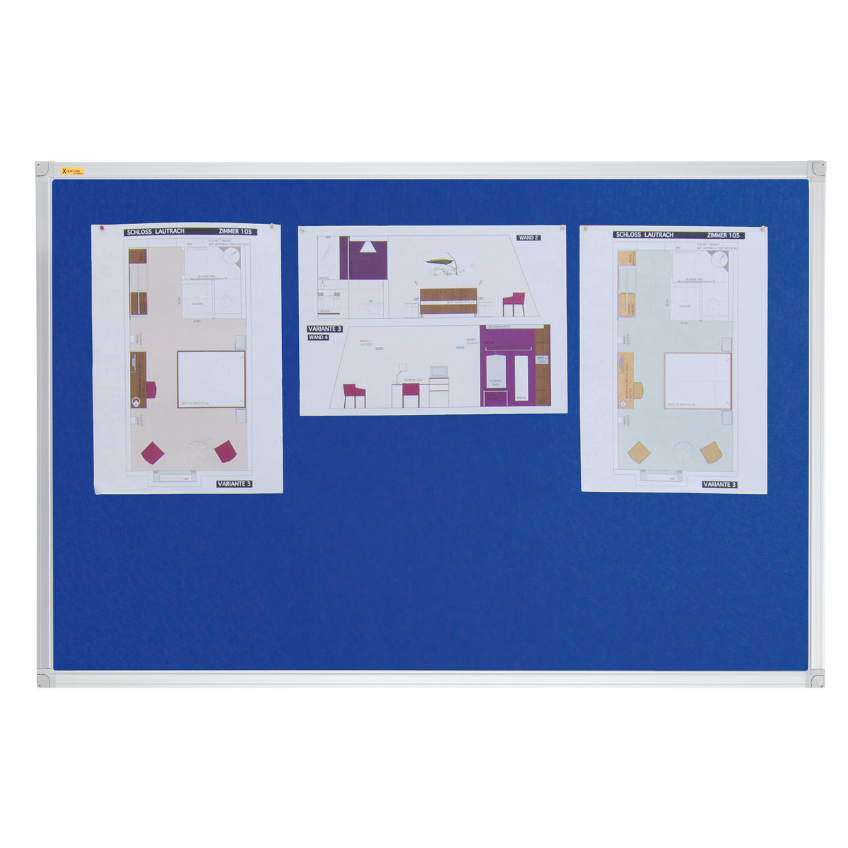 Blue notice board with white paper attached, used for displaying plans or notices.