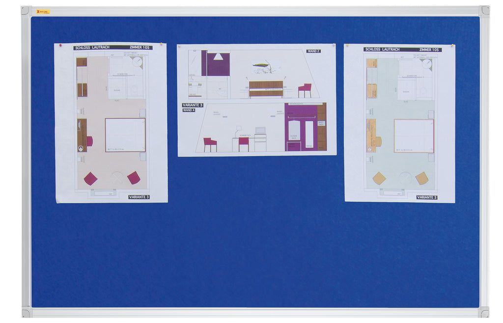 Blue notice board with white paper attached, used for displaying plans or notices.
