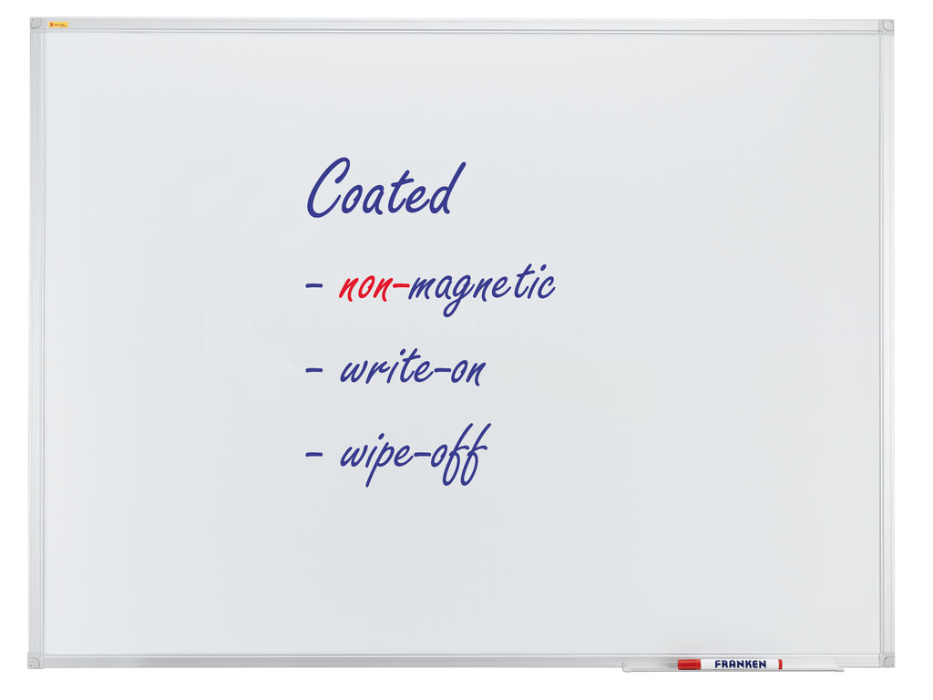 Whiteboard with blue text and a marker holder on a white background