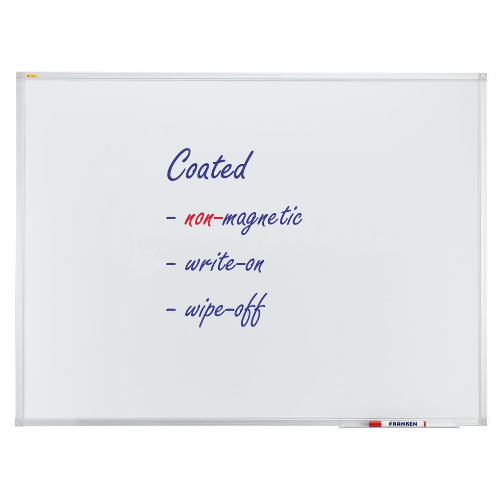 Whiteboard with blue text and a marker holder on a white background
