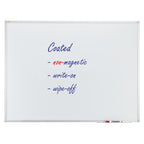 Whiteboard with blue text and a marker holder on a white background