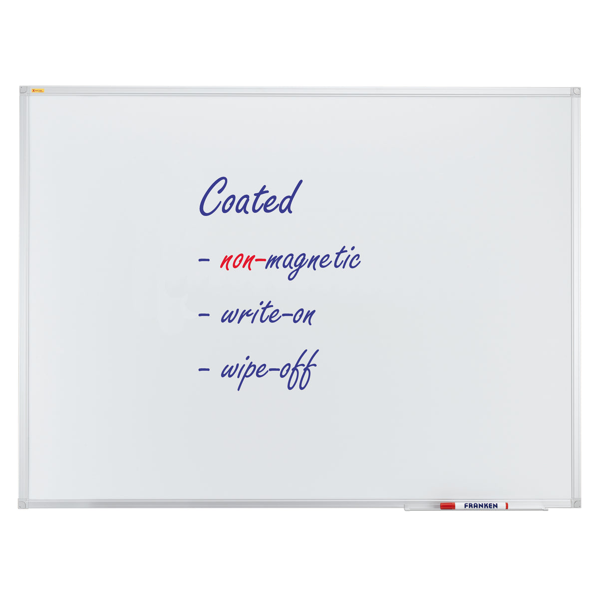 Whiteboard with blue text and a marker holder on a white background