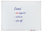 Whiteboard with blue text and a marker holder on a white background