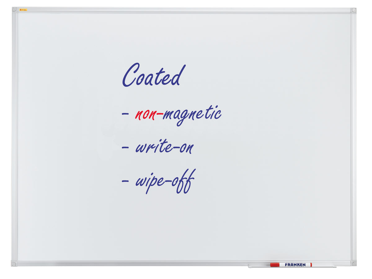 Whiteboard with blue text and a marker holder on a white background