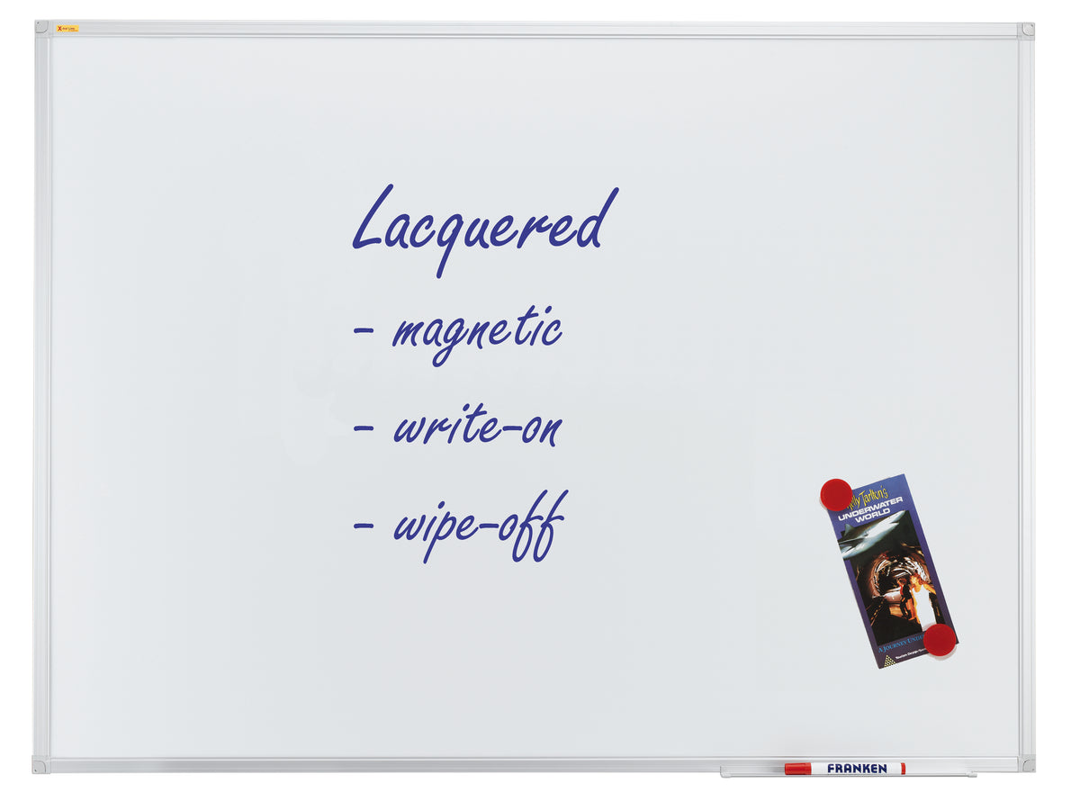Whiteboard with blue text and a marker holder on a white background