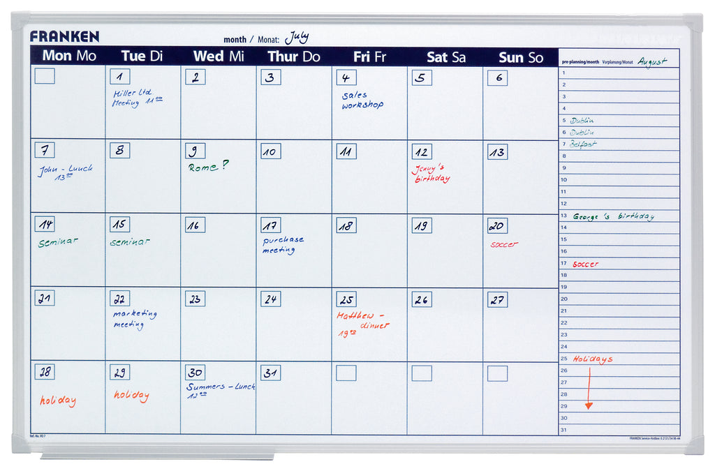 Calendar with handwritten notes and events on a whiteboard