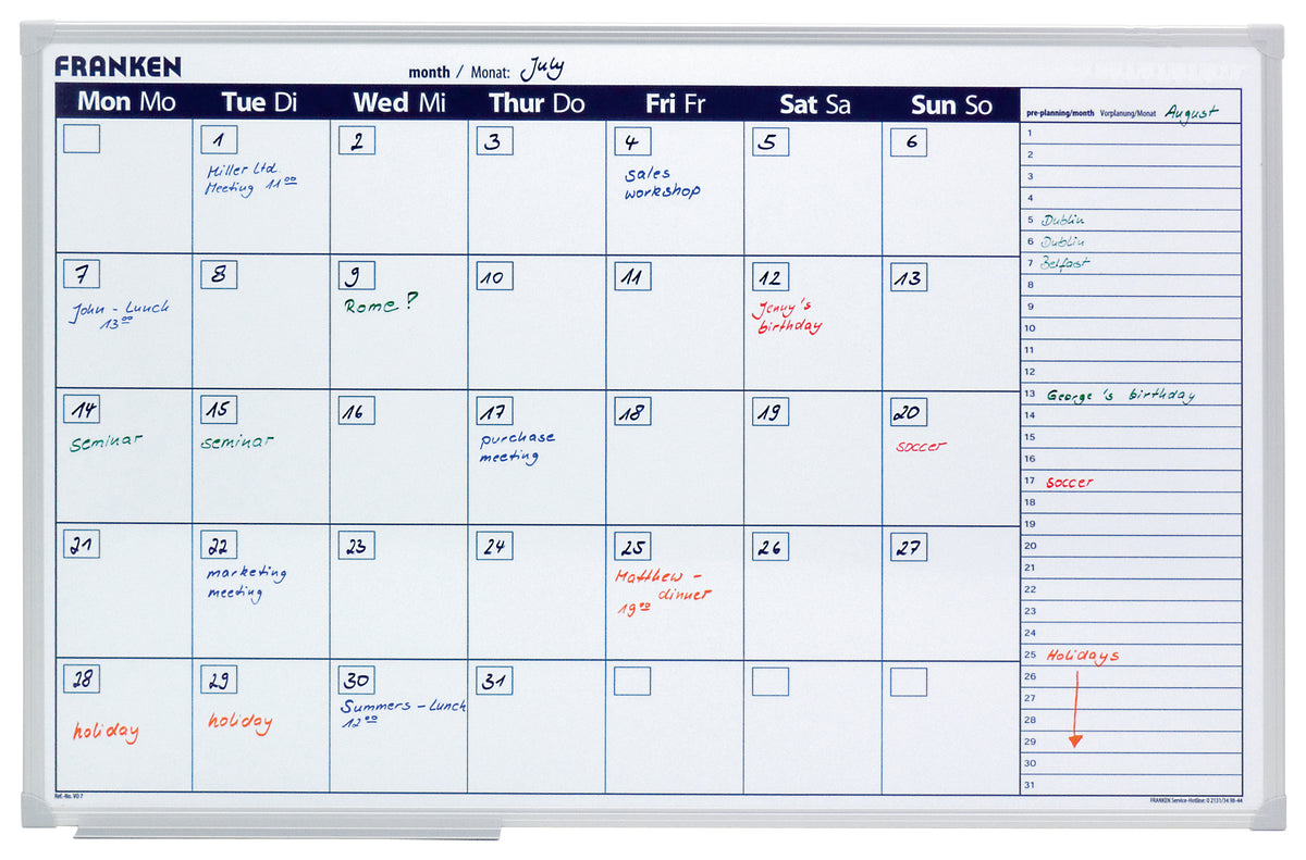 Calendar with handwritten notes and events on a whiteboard