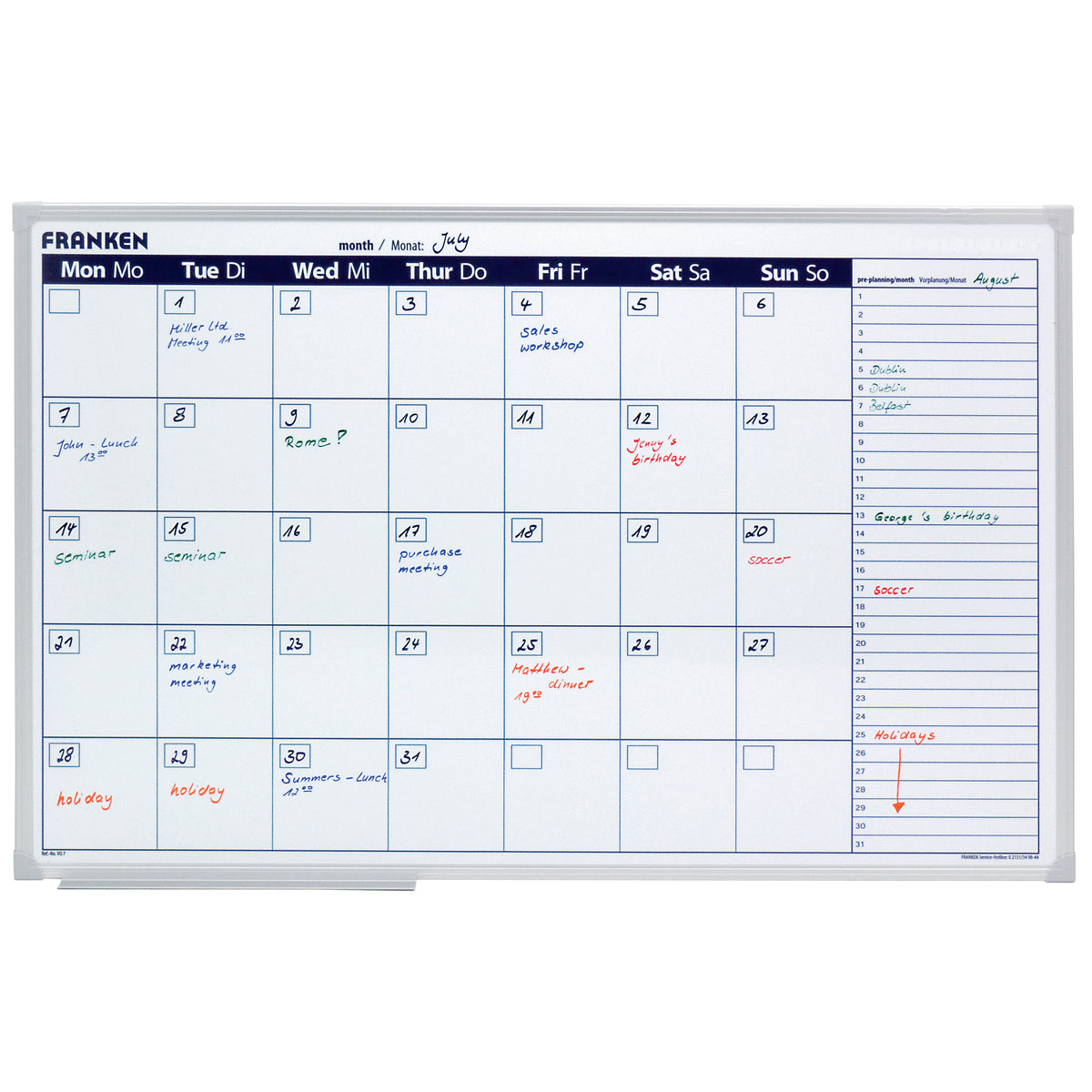 Calendar with handwritten notes and events on a whiteboard