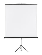 White projection screen on a black tripod stand against a white background