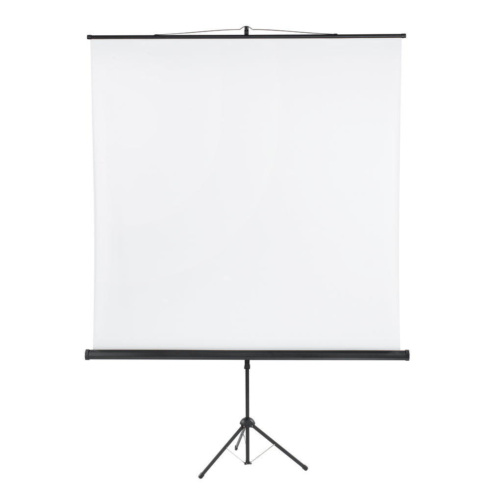 White projection screen on a black tripod stand against a white background
