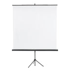 White projection screen on a black tripod stand against a white background